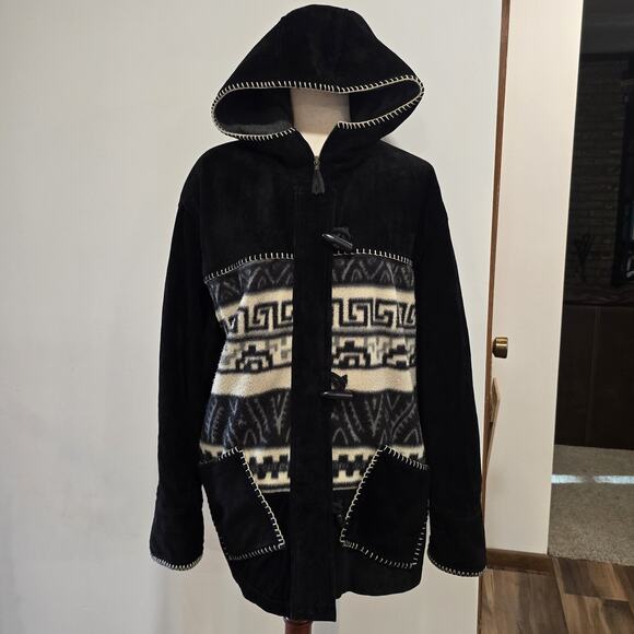 Winlit 1969 Winter Aztec Style Leather Jacket Coat Black Suede Button Zip Hood M - Picture 1 of 13